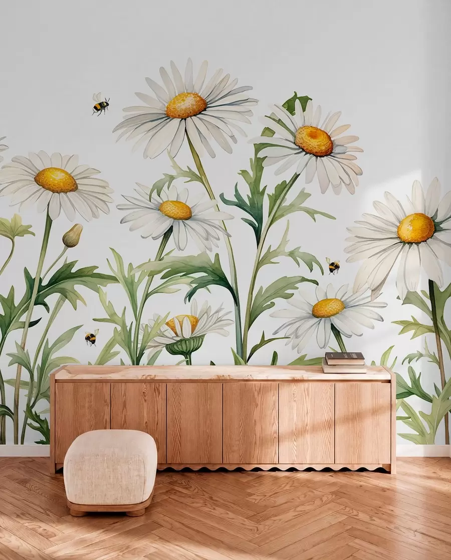 murales de pared Margaritas blancas floreciendo, abejas volando ilustración de plantas acuáticas, color verde, blanco y amarillo w01176