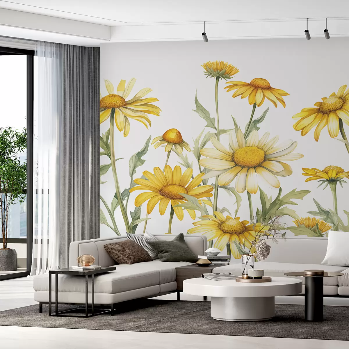 Murales de pared Grandes margaritas amarillas florecen color acuarela, amarillo y verde w01177 murales de pared Grandes margaritas amarillas florecen color acuarela, amarillo y verde w01177