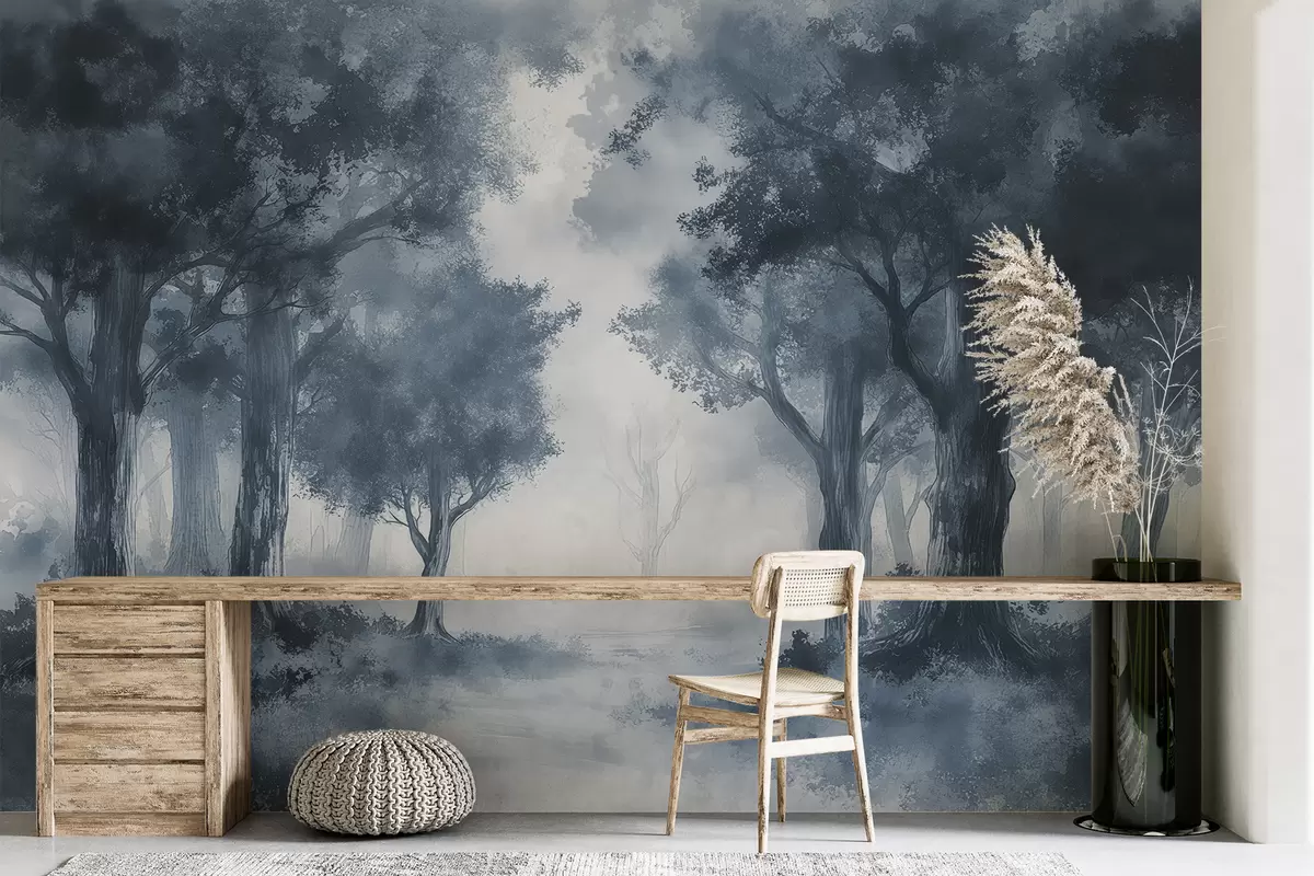 murales de pared Un bosque pintado en colores azul grisáceo. w01181v2