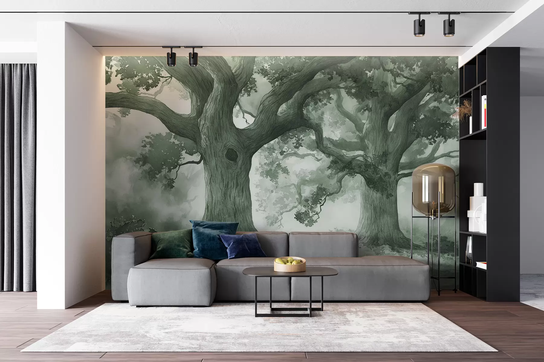 murales de pared Árboles pintados en estilo vintage en tonos verdes w01182v3