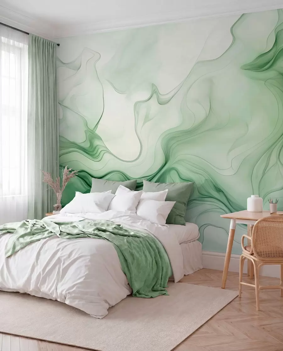 murales de pared Olas abstractas verdes panorámicas sobre un fondo claro w01185d1