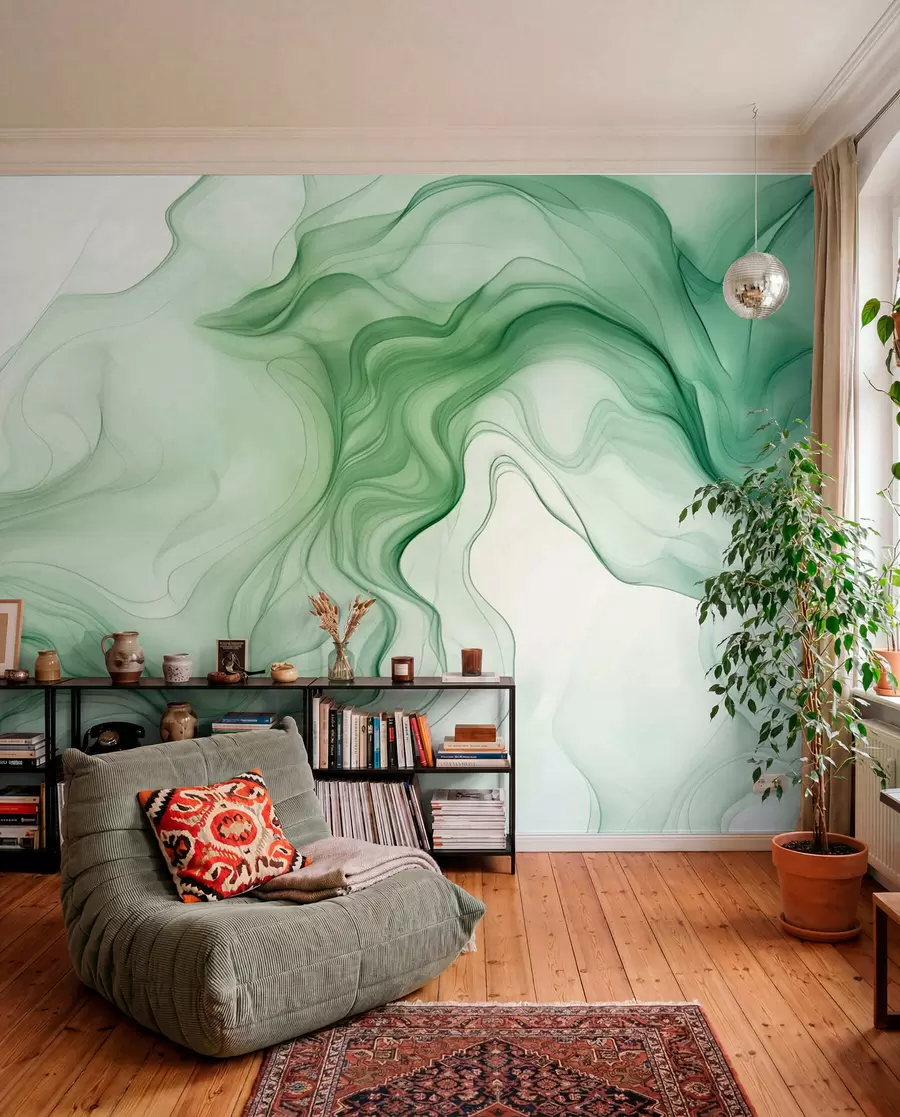 murales de pared Olas abstractas verdes panorámicas sobre un fondo claro w01185d1
