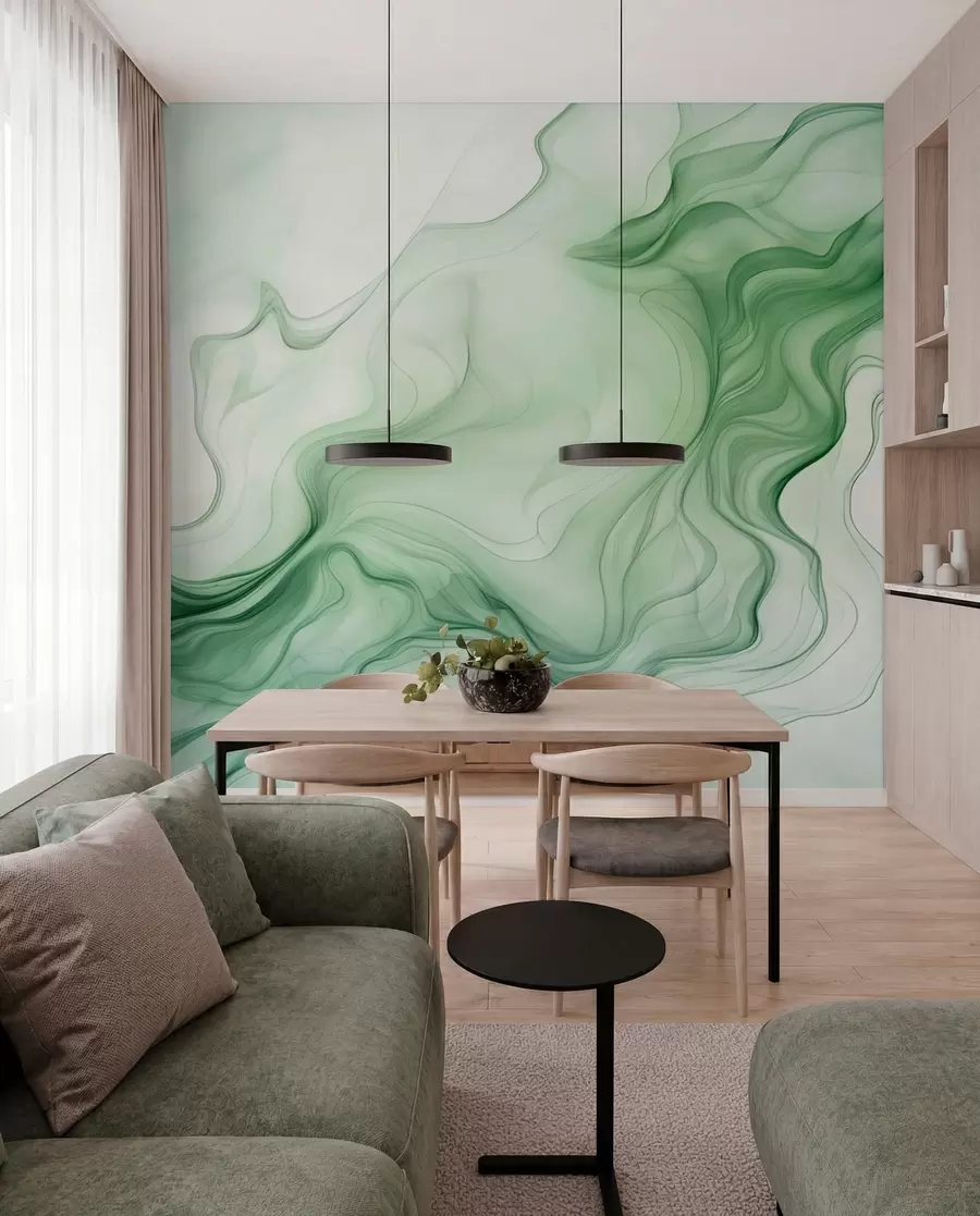 murales de pared Olas abstractas verdes panorámicas sobre un fondo claro w01185d1