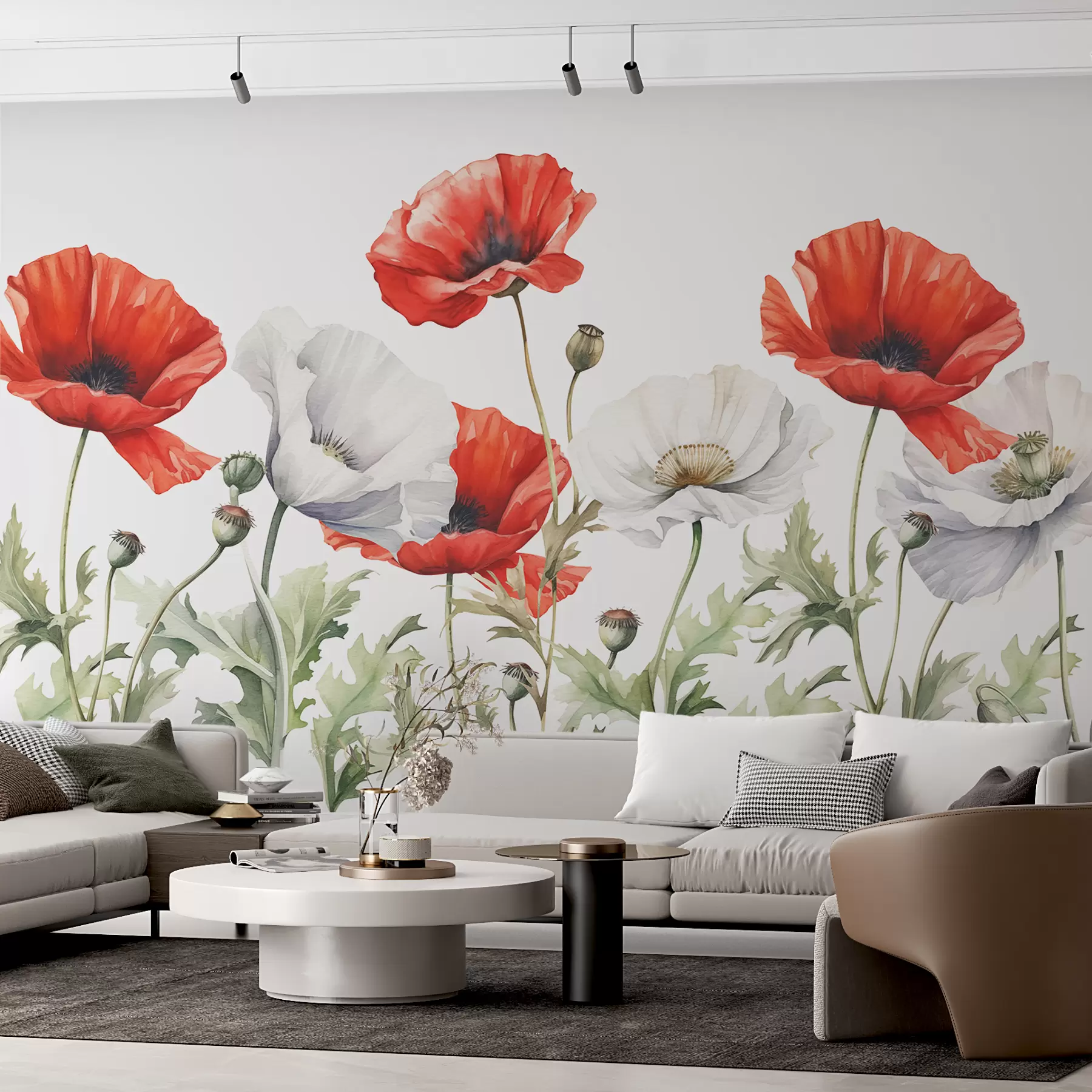 murales de pared Acuarela de amapolas rojas y blancas w01203