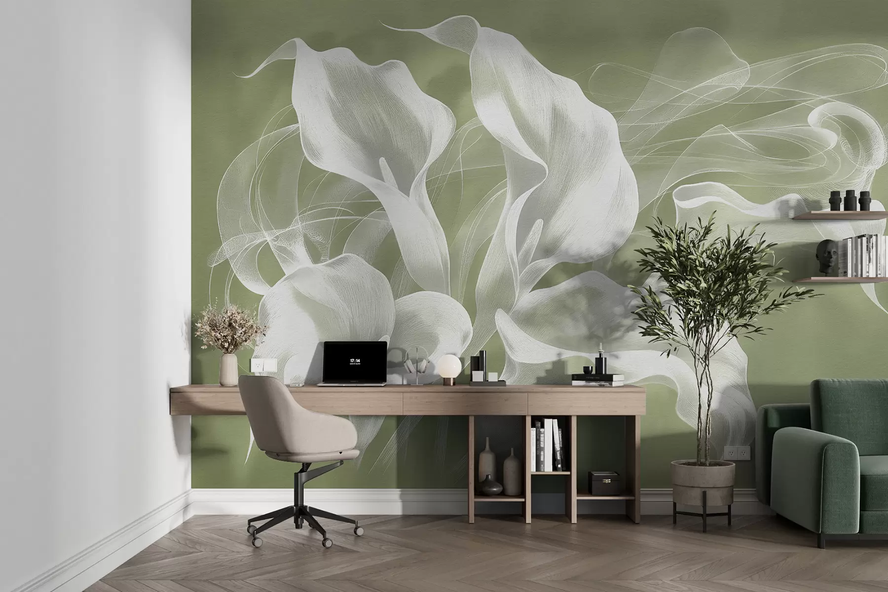 murales de pared flores abstractas con un velo sobre un fondo verde w01196v3
