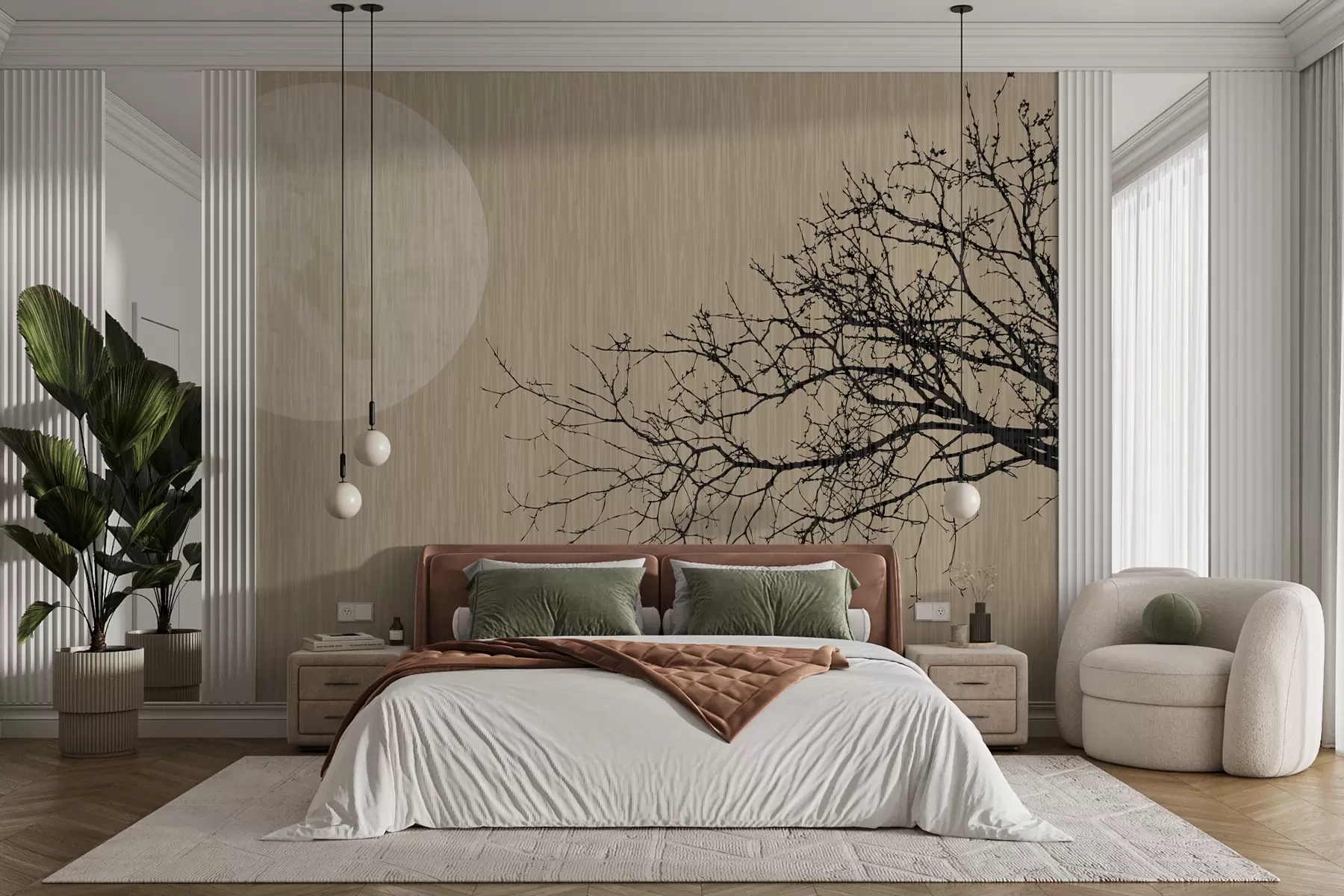 murales de pared Silueta de árbol y luna llena sobre fondo marrón w00934