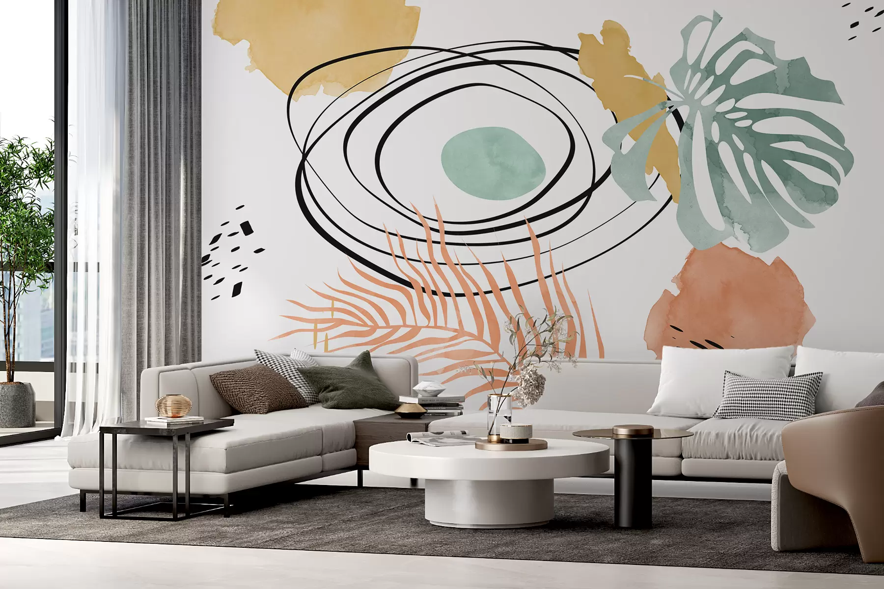 murales de pared Abstracción boho, monstera y hoja de palma, líneas curvas, mancha, geométrica, topográfica, azul, amarilla, rosa w01256