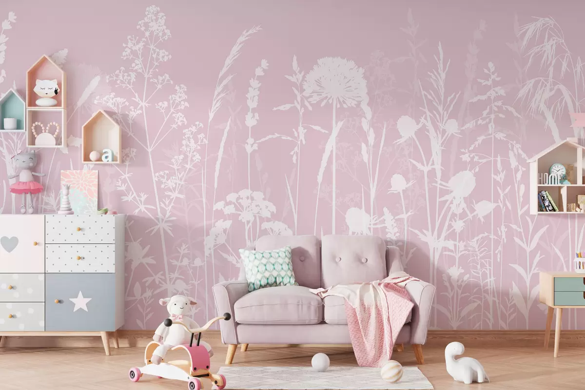 murales de pared Suaves plantas de campo y flores minimalistas de color rosa. w01270v2
