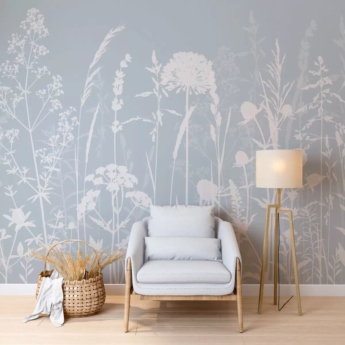 murales de pared Suaves plantas de campo y flores minimalistas de color gris. w01270v4