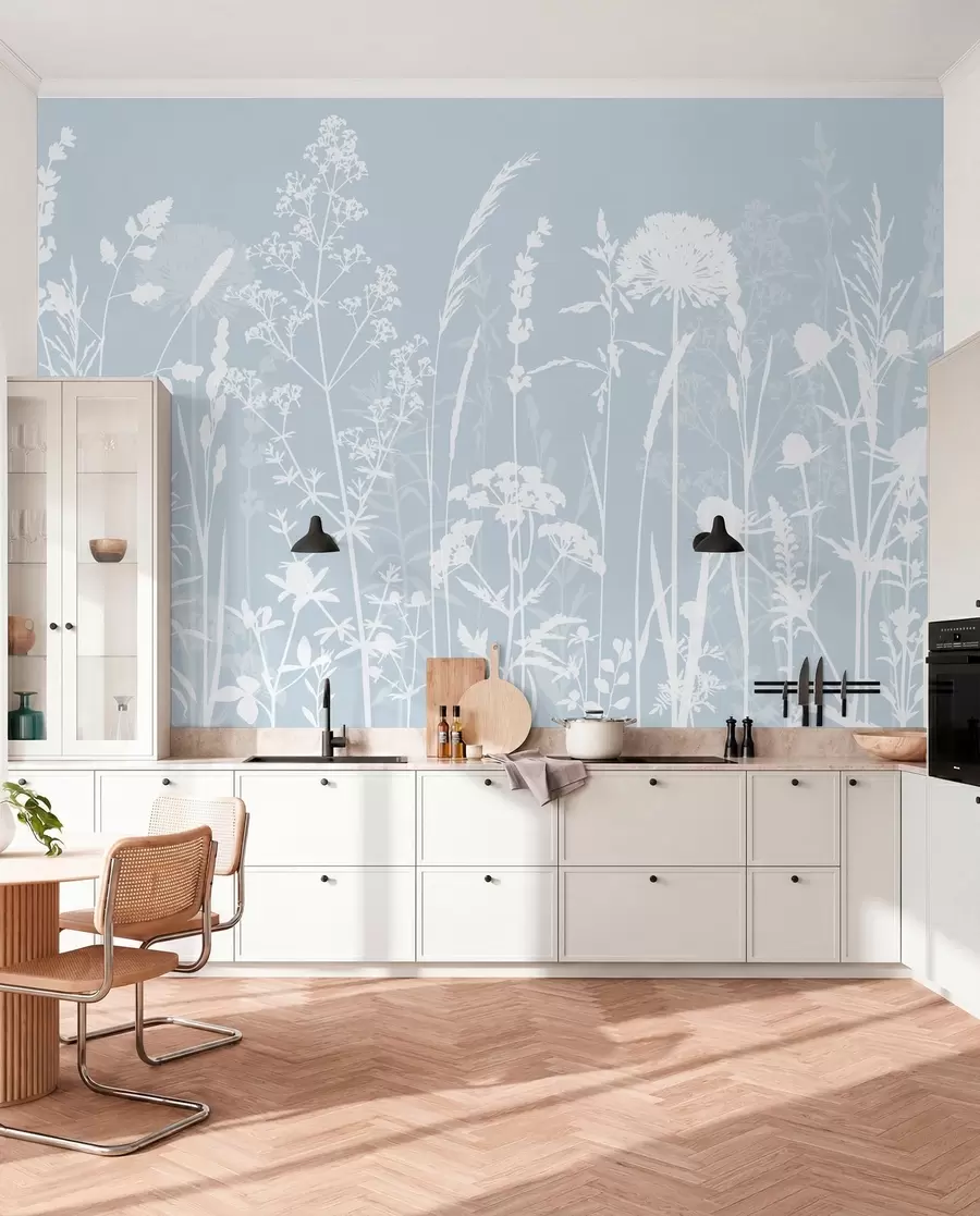 murales de pared Suaves plantas de campo y flores minimalistas de color gris w01270v4