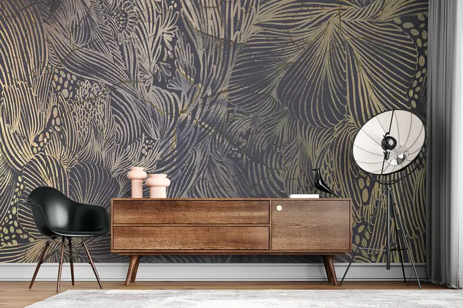 murales de pared Lujoso estampado de textura abstracta con formas y líneas orgánicas superpuestas w01243