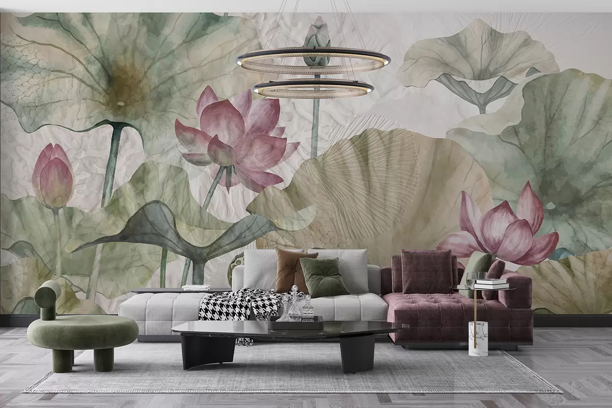 murales de pared Flores de loto rosa con hojas verdes sobre un fondo de textura clara w01248