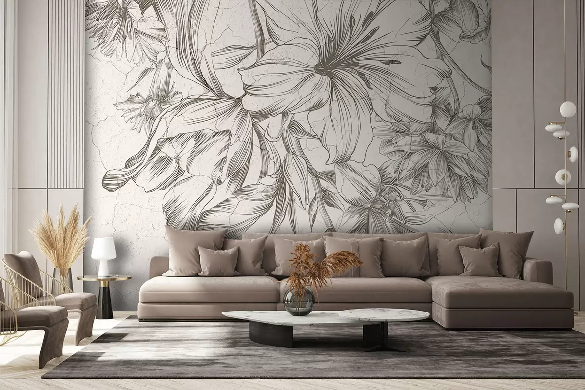 Murales de pared Un boceto en blanco y negro de una impresión gráfica de flores grandes.  w01253 murales de pared Un boceto en blanco y negro de una impresión gráfica de flores grandes.  w01253