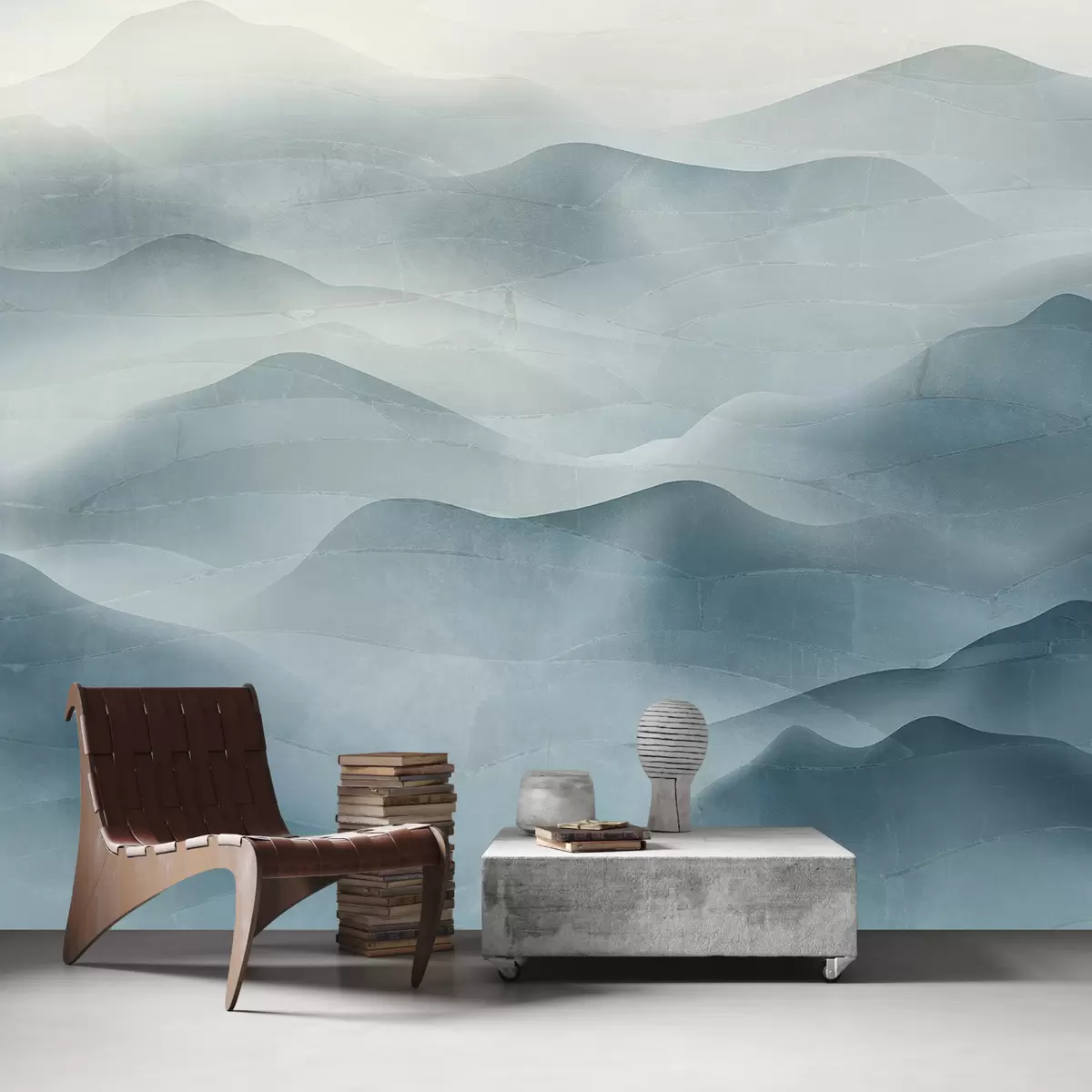 Murales de pared Paisaje de montaña con colinas y niebla que crean una escena serena y atmosférica. w01254 murales de pared Paisaje de montaña con colinas y niebla que crean una escena serena y atmosférica. w01254
