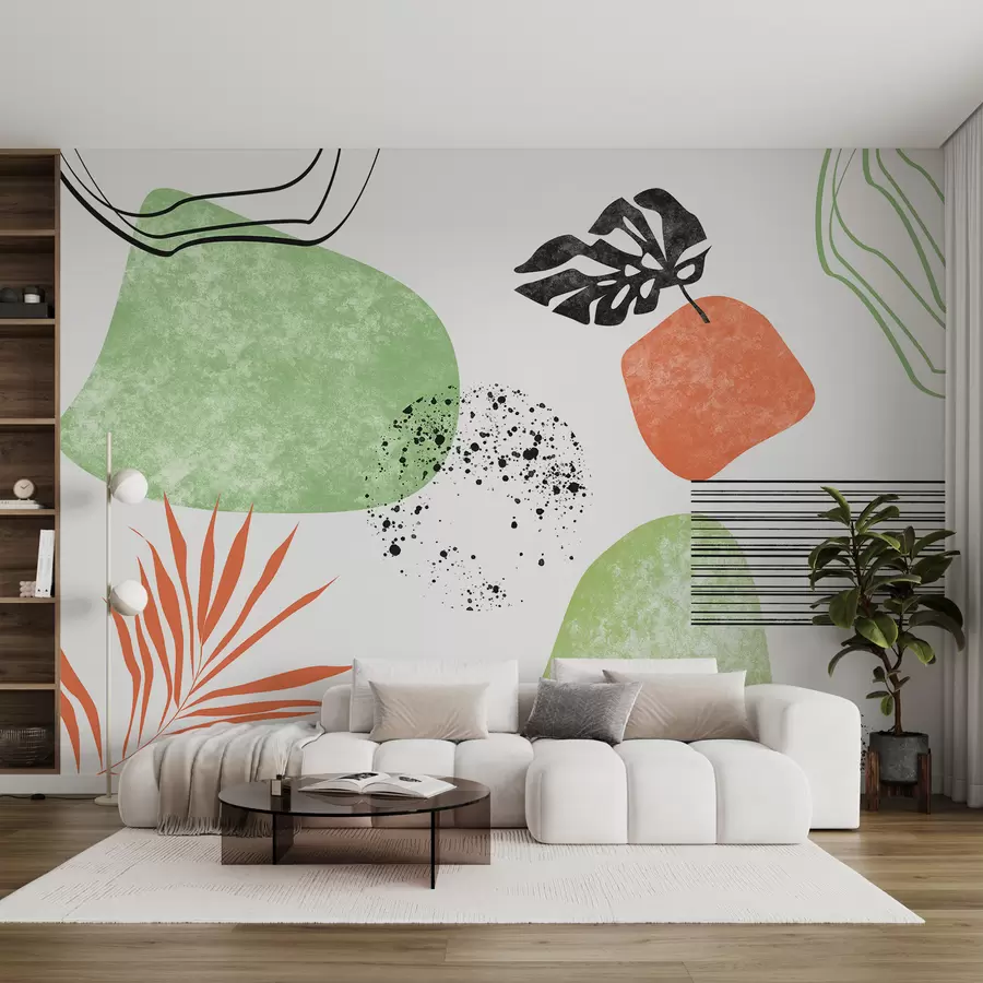 Murales de pared Abstracción boho, manchas de textura, líneas curvas, hojas tropicales, manchas de tinta, color negro, verde y rojo w01298 murales de pared Abstracción boho, manchas de textura, líneas curvas, hojas tropicales, manchas de tinta, color negro, verde y rojo w01298