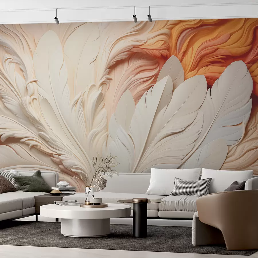 Murales de pared Plumas blancas sobre un fondo en relieve volumétrico de color naranja claro w01301 murales de pared Plumas blancas sobre un fondo en relieve volumétrico de color naranja claro w01301