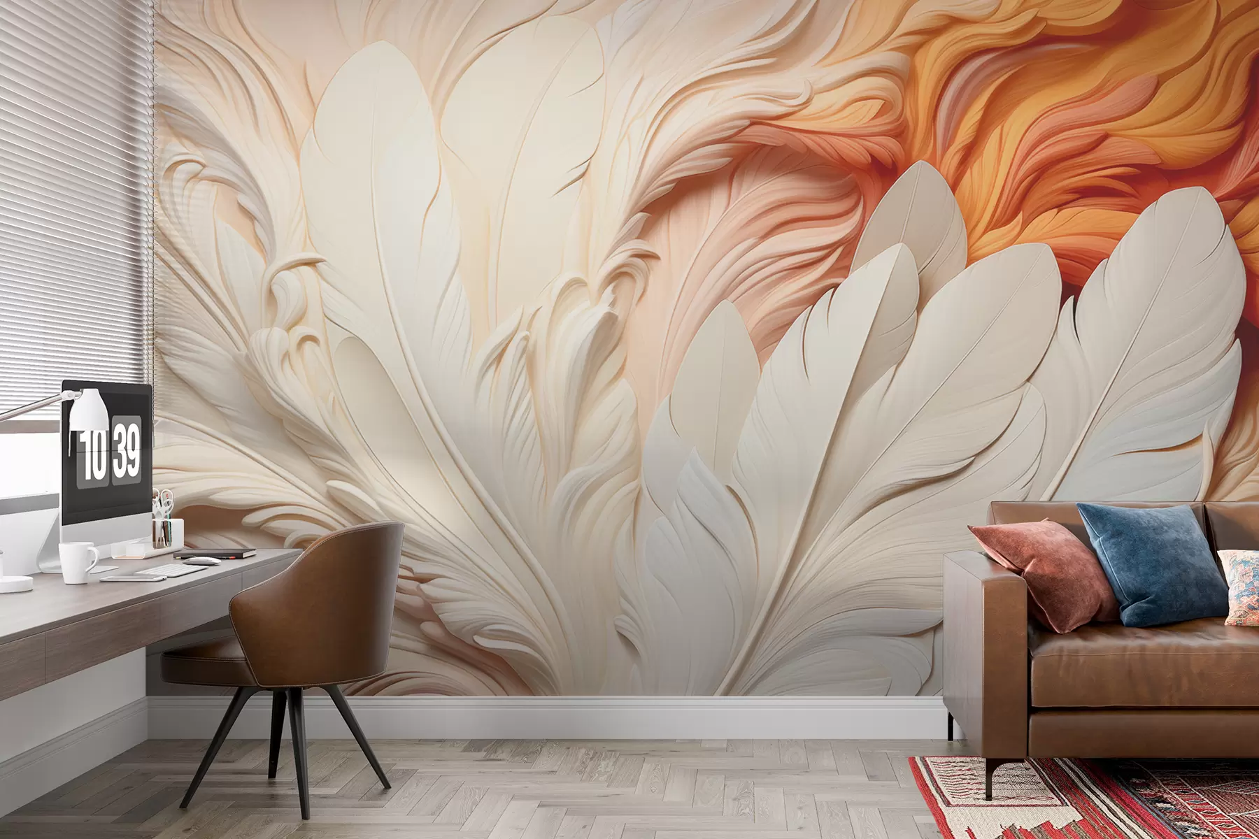 murales de pared Plumas blancas sobre un fondo en relieve volumétrico de color naranja claro w01301