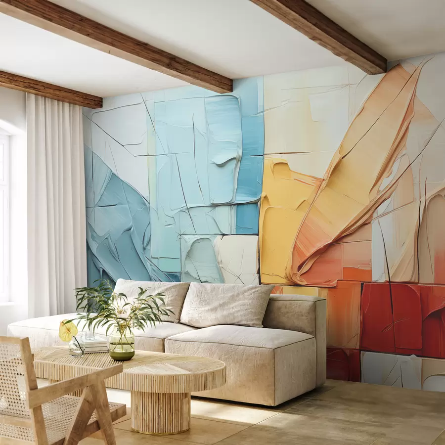 murales de pared Piezas volumétricas de pintura, grietas, azul, naranja, amarillo, rojo. w01304