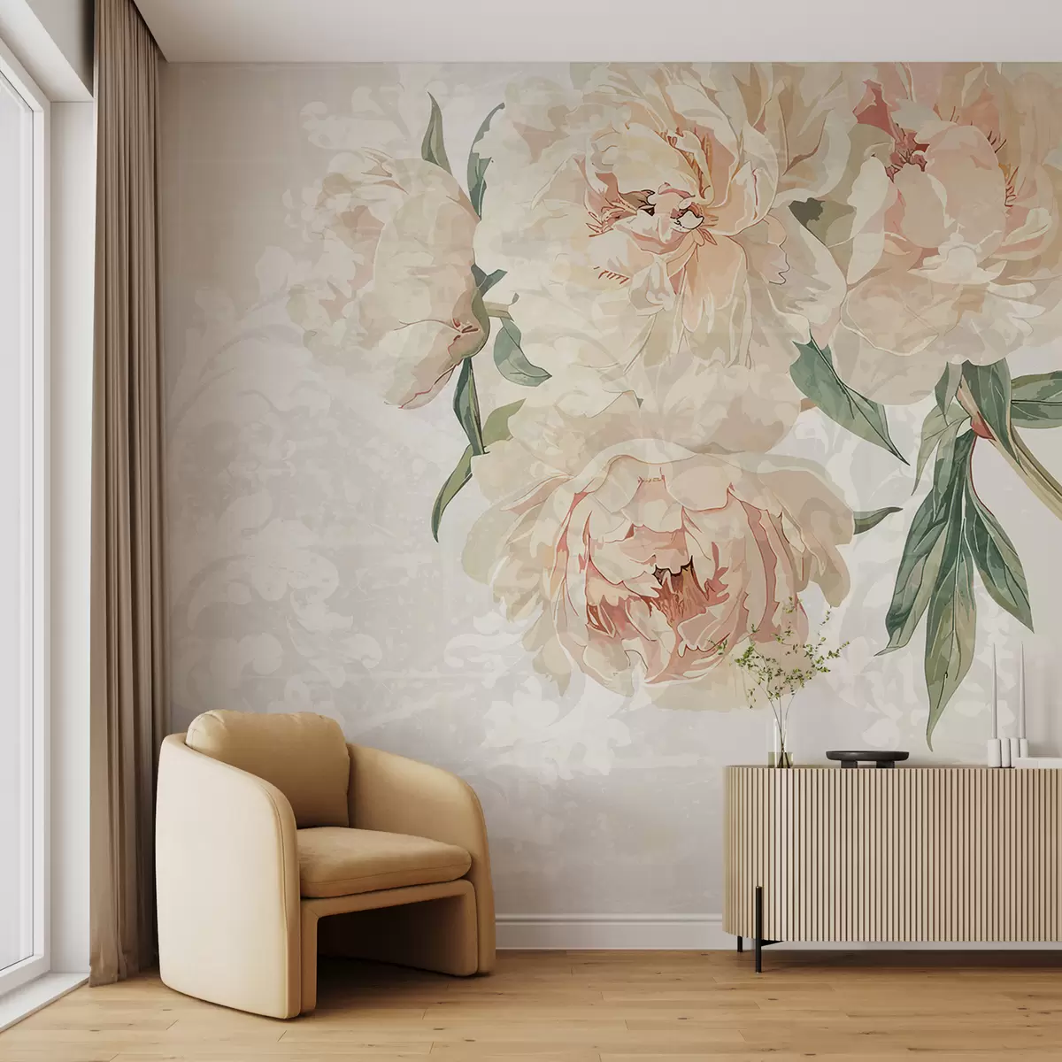 murales de pared Peonías grandes y delicadas de color melocotón con hojas verdes sobre un fondo de textura suave y ligera w01308
