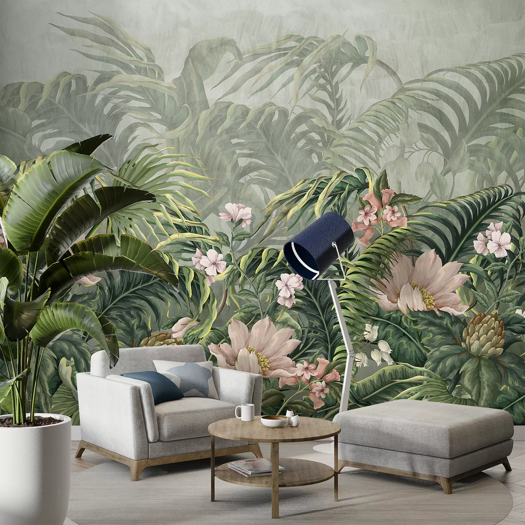 murales de pared Una exuberante selva tropical, hojas de palmeras verdes y helechos en primer plano con flores  w01309