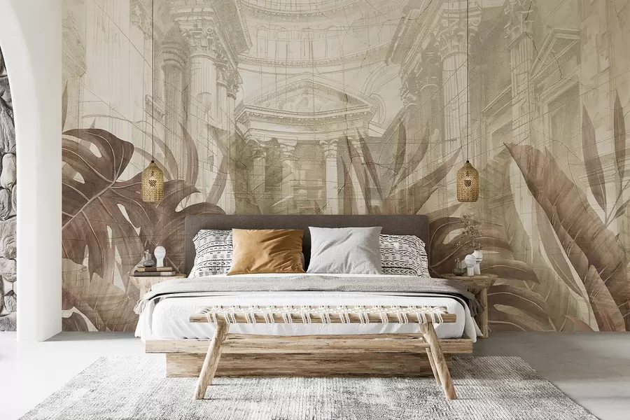 murales de pared Un gran dibujo arquitectónico adornado con columnas de mármol y exuberantes plantas tropicales de color sepia.  w01311v1