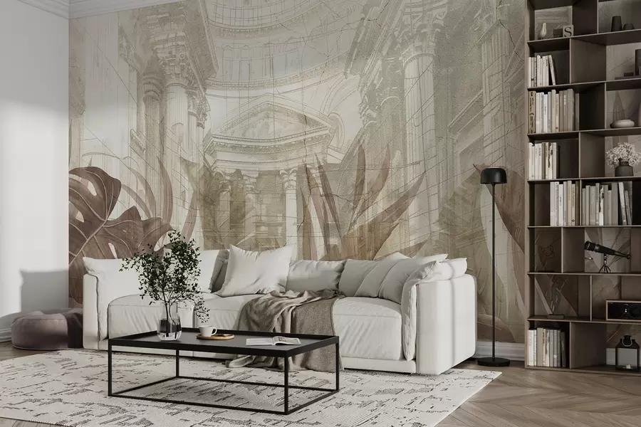 Murales de pared Un gran dibujo arquitectónico adornado con columnas de mármol y exuberantes plantas tropicales de color sepia.  w01311v1 murales de pared Un gran dibujo arquitectónico adornado con columnas de mármol y exuberantes plantas tropicales de color sepia.  w01311v1