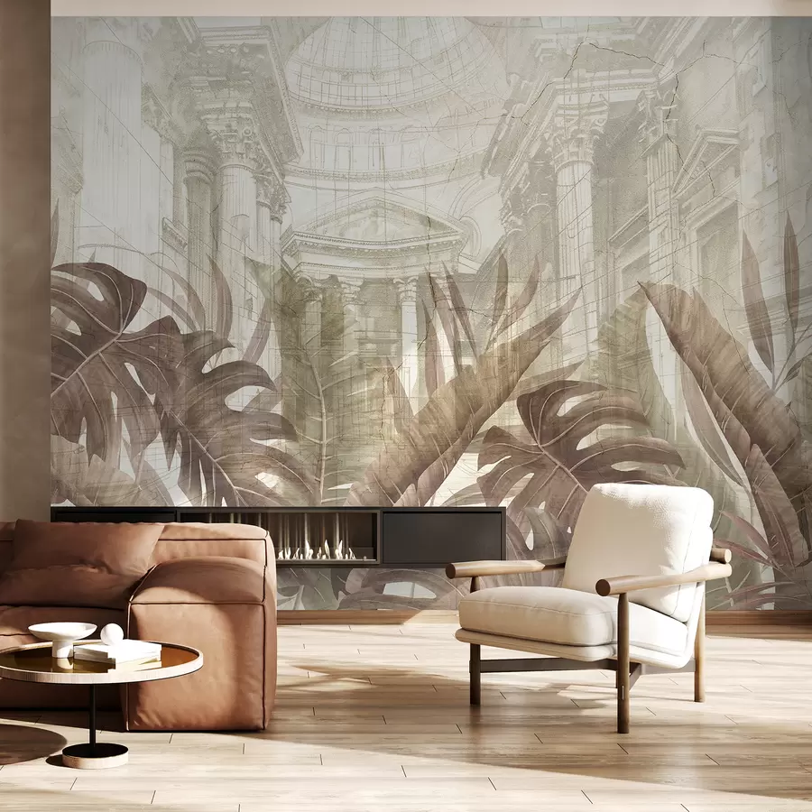 murales de pared Un gran dibujo arquitectónico adornado con columnas de mármol y exuberantes plantas tropicales de color sepia.  w01311v1