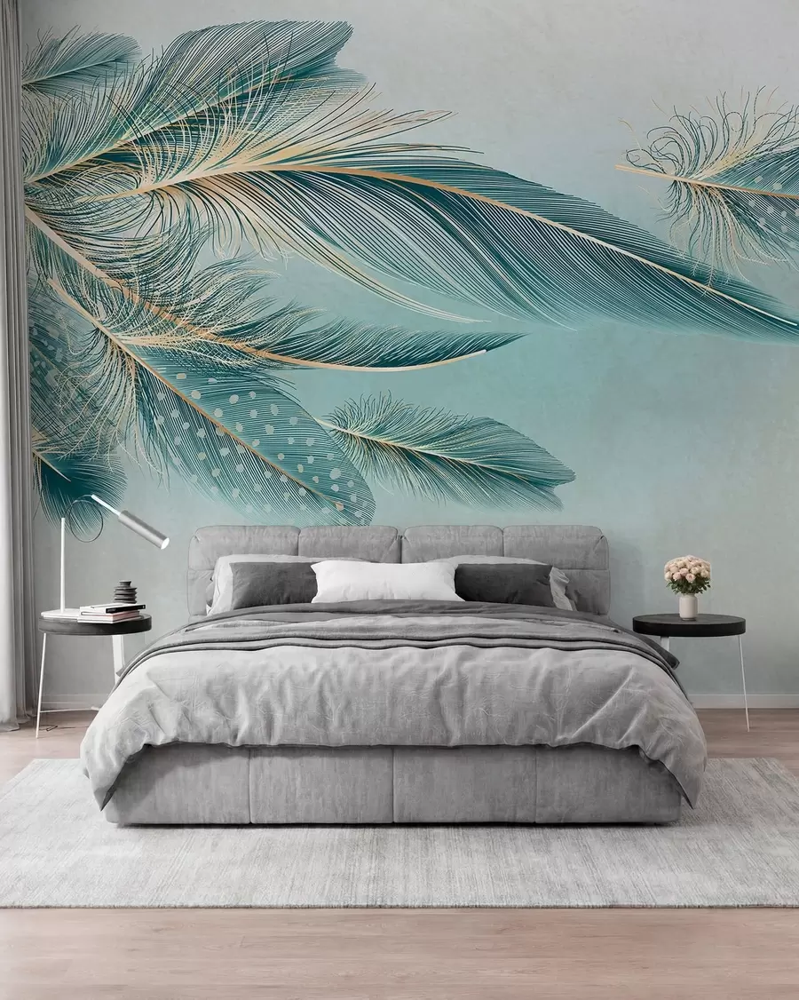 murales de pared Delicadas plumas en tonos azules w01312