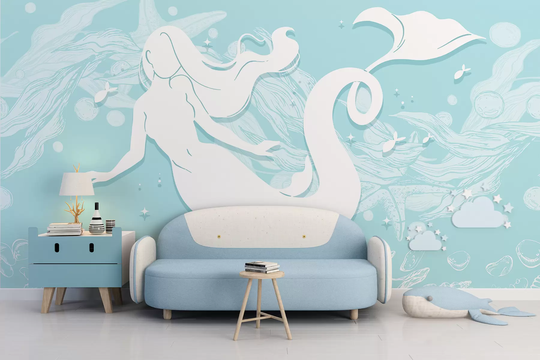 murales de pared Una sirena blanca con cabello largo y suelto nadando en un océano azul claro con olas blancas y burbujas. w01316