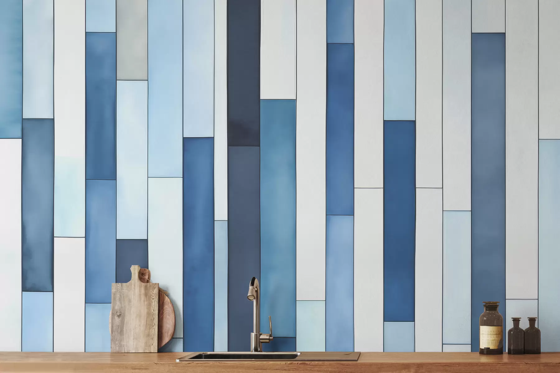 murales de pared Acuarela vertical de rayas anchas azules y blancas. w07886