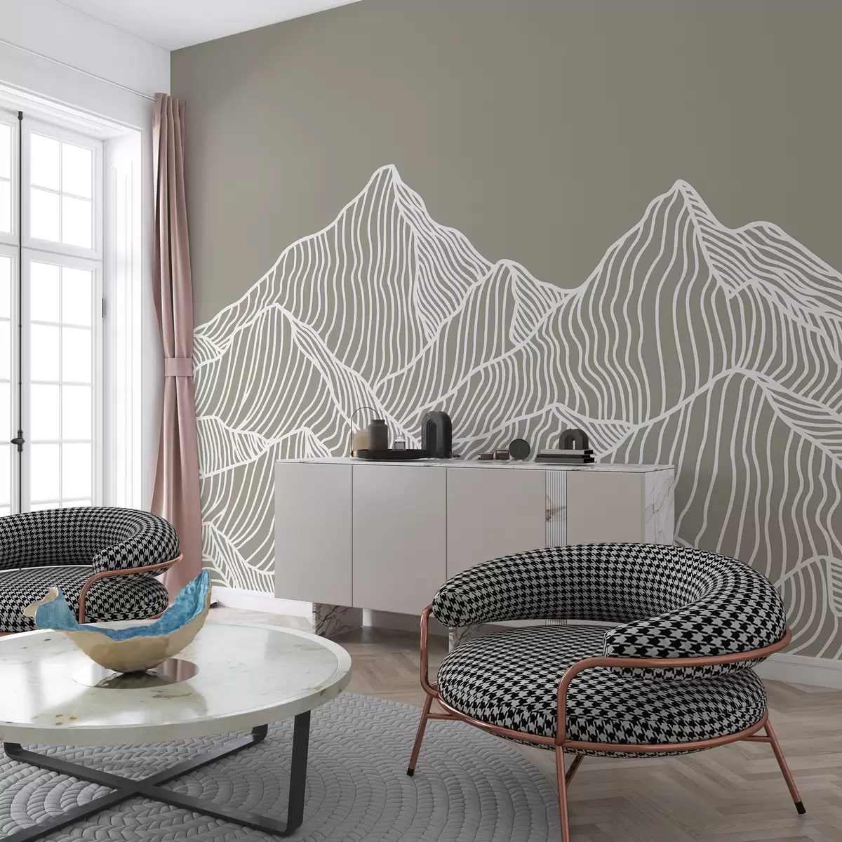 Murales de pared Montañas lineales de color blanco sobre fondo beige w01214v2 murales de pared Montañas lineales de color blanco sobre fondo beige w01214v2