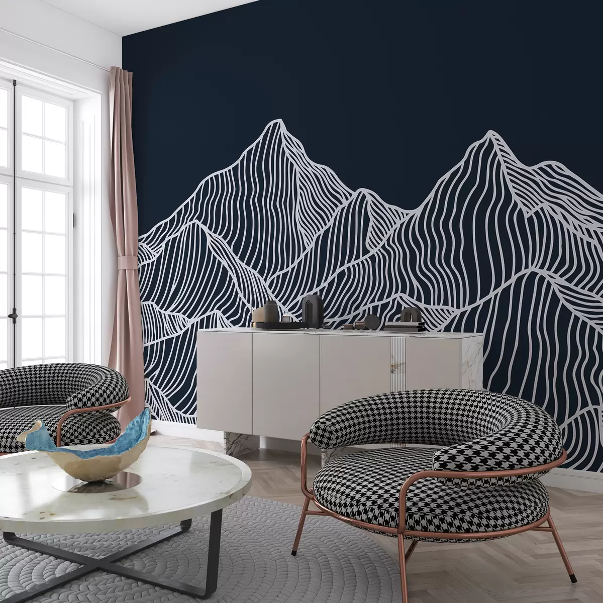 Murales de pared Montañas blancas lineales sobre un fondo azul. w01214v3 murales de pared Montañas blancas lineales sobre un fondo azul. w01214v3