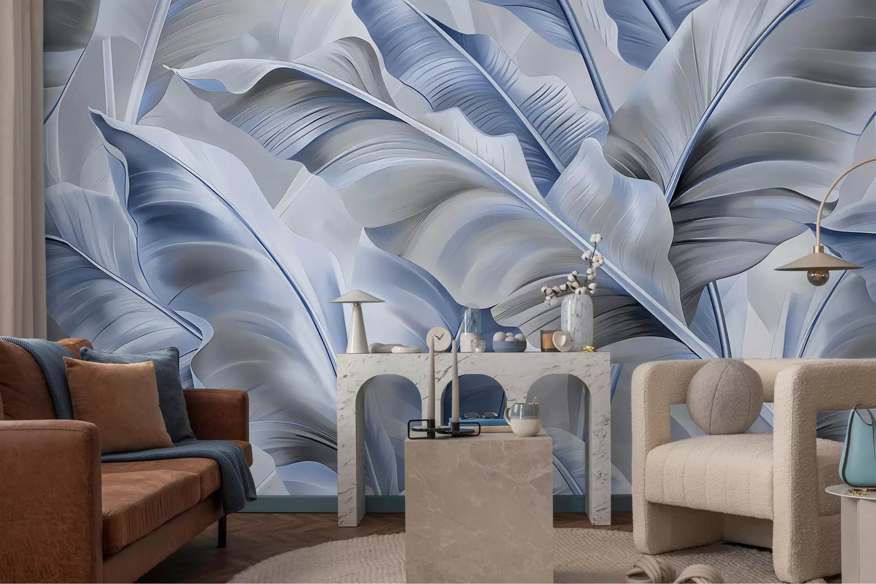 murales de pared lujosas hojas de plátano grandes en colores gris azulado w07876v1