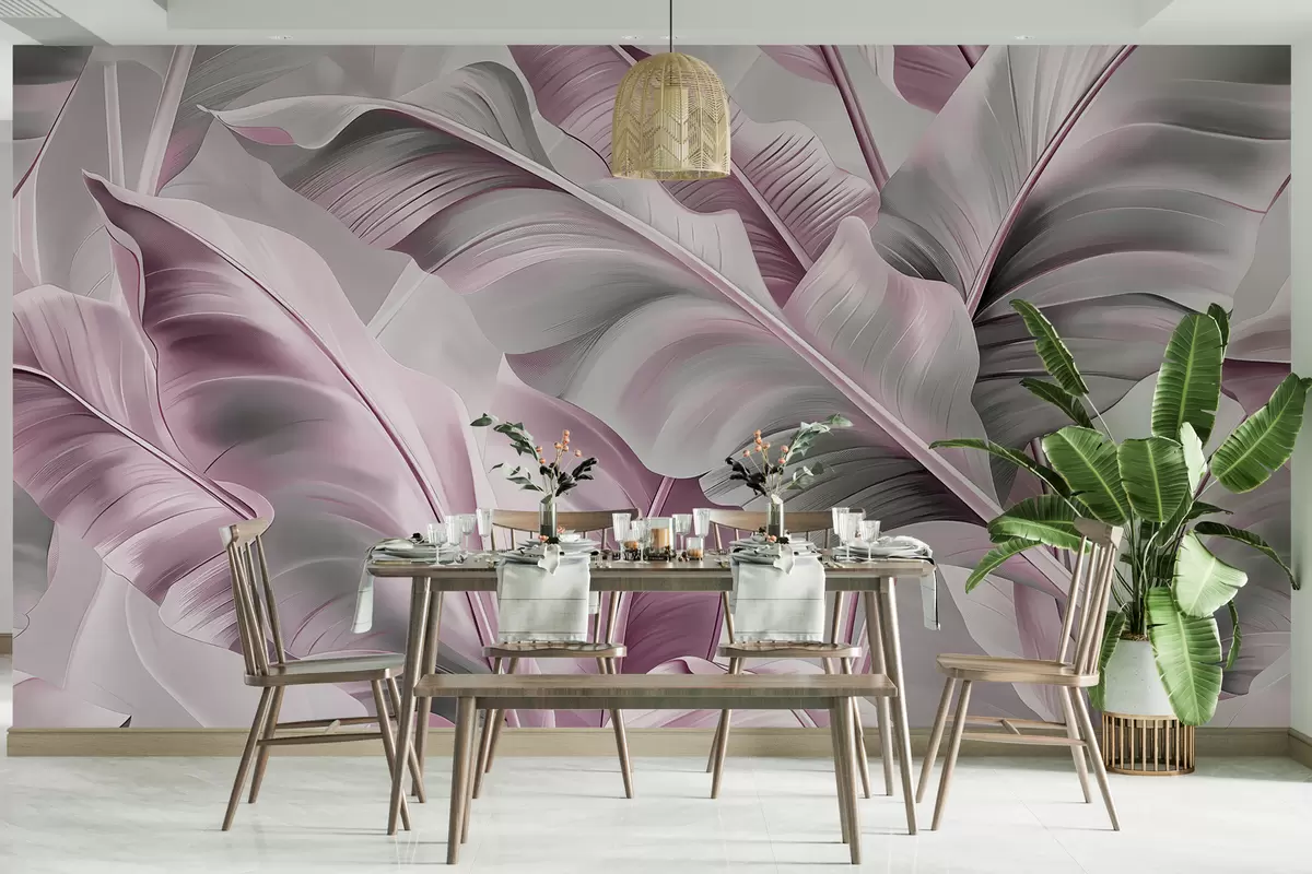 murales de pared lujosas hojas de plátano grandes en tonos grises rosados w07876v2