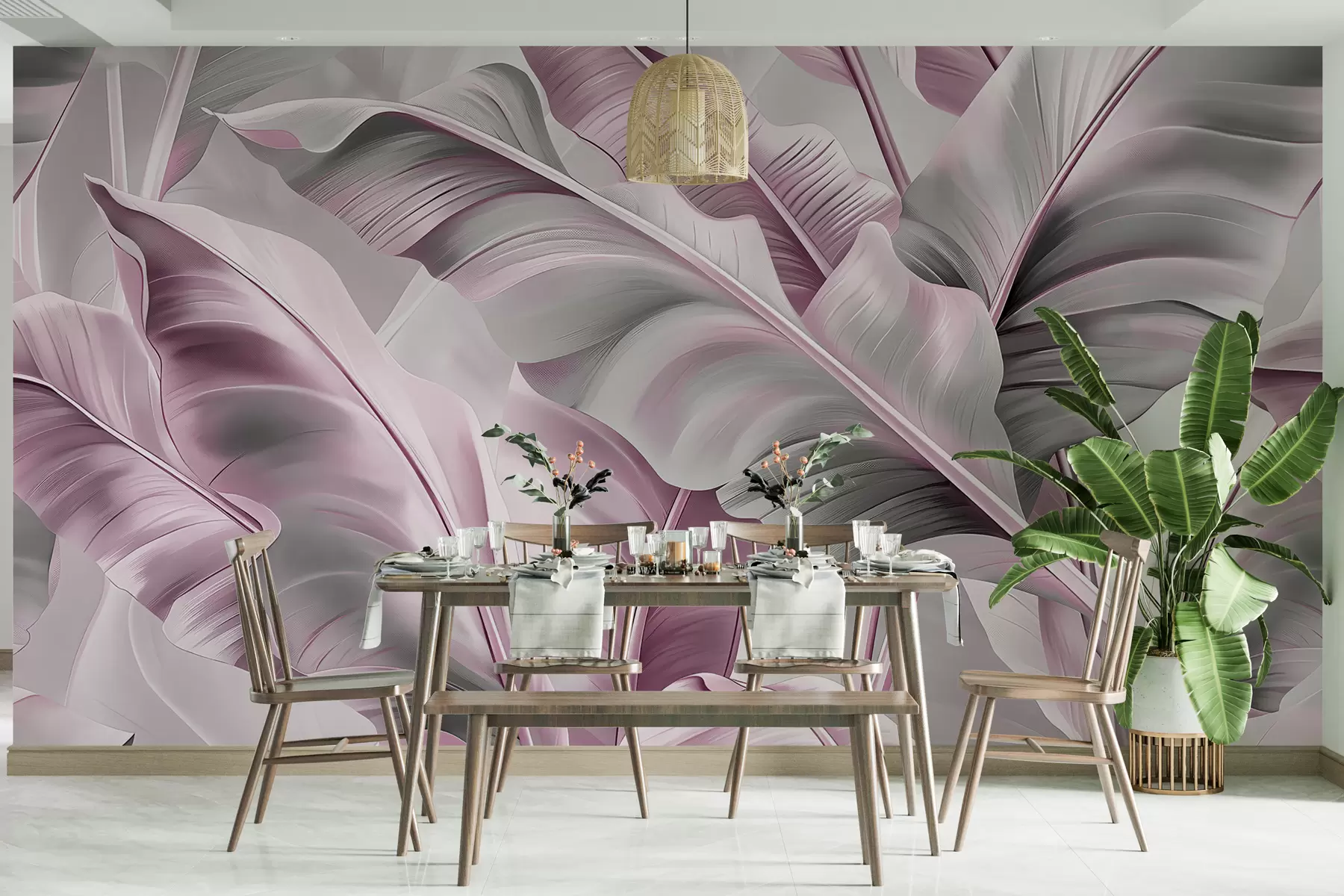 murales de pared lujosas hojas de plátano grandes en tonos grises rosados w07876v2