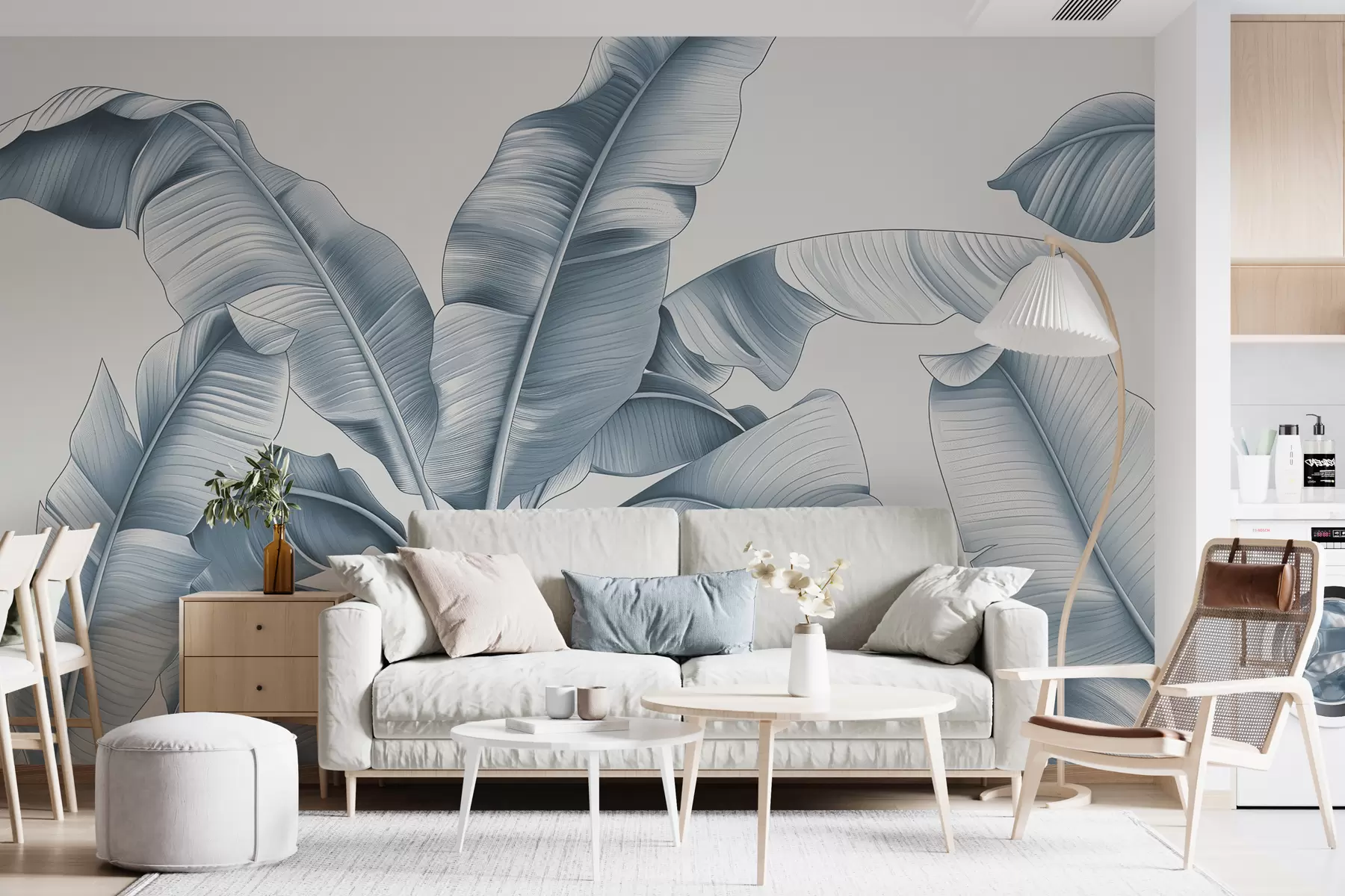 murales de pared dibujadas grandes hojas de plátano en tonos azules w07877v2