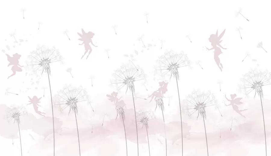 murales de pared Hadas mágicas con dientes de león y flores silvestres al estilo escandinavo para niñas color rosa w07913