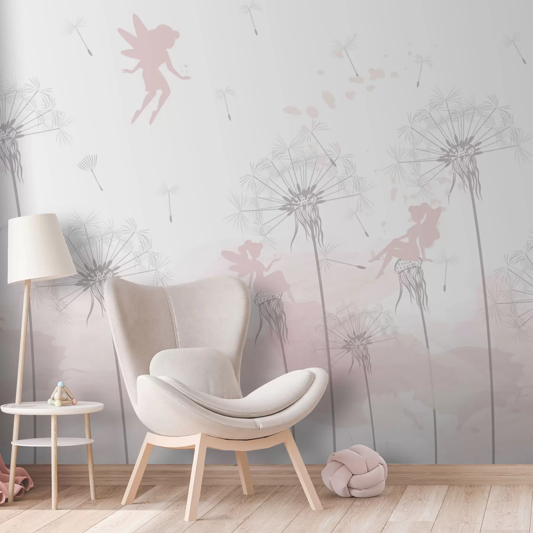 murales de pared Hadas mágicas con dientes de león y flores silvestres al estilo escandinavo para niñas color rosa w07913
