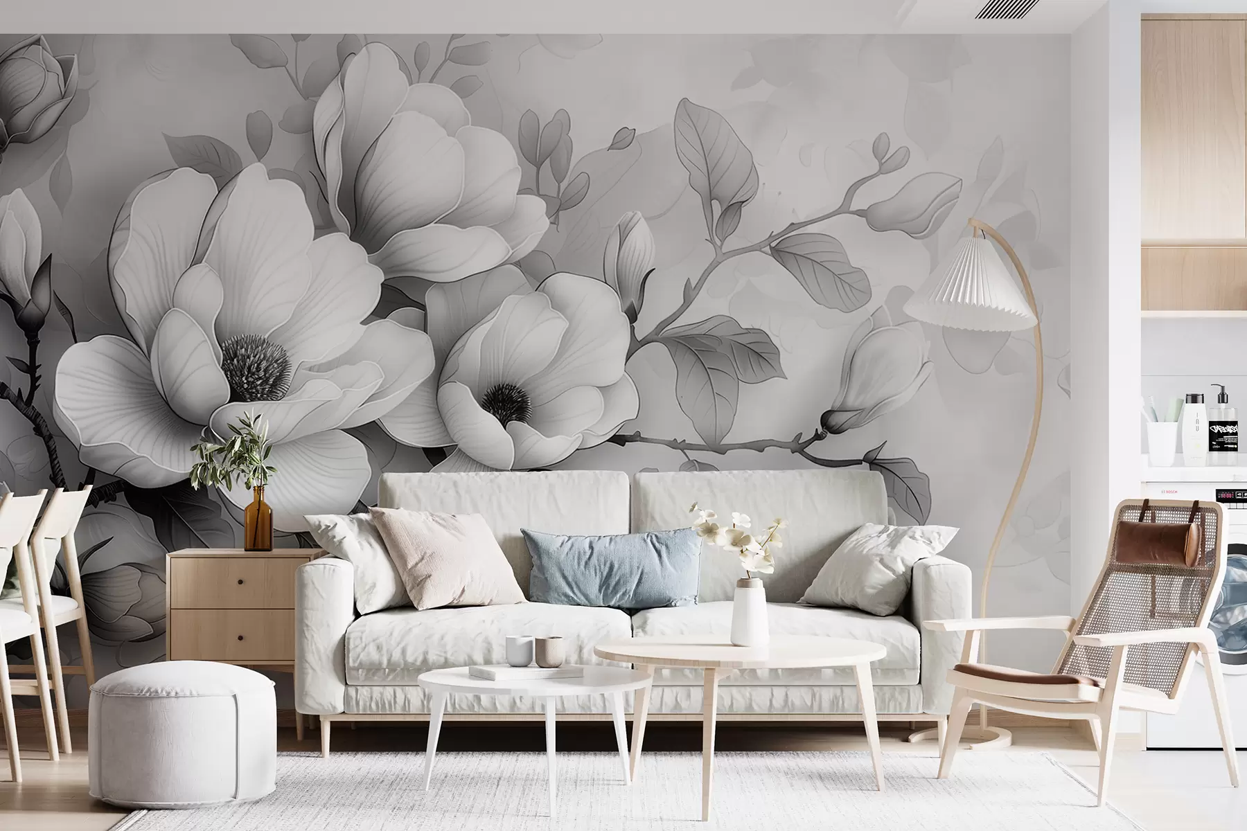 murales de pared Una ilustración en blanco y negro de una magnolia sobre un fondo gris w01277