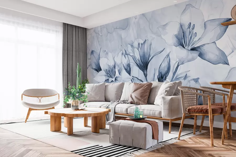 murales de pared Flores azules sobre fondo azul w07897