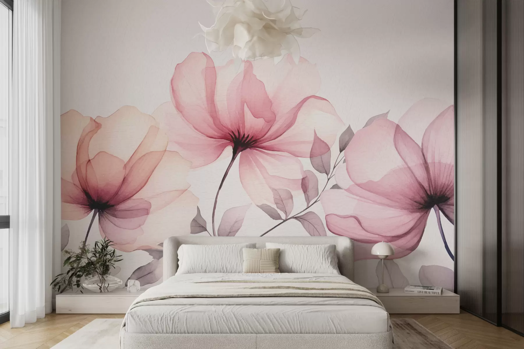 murales de pared grandes flores rosadas de acuarela w07956