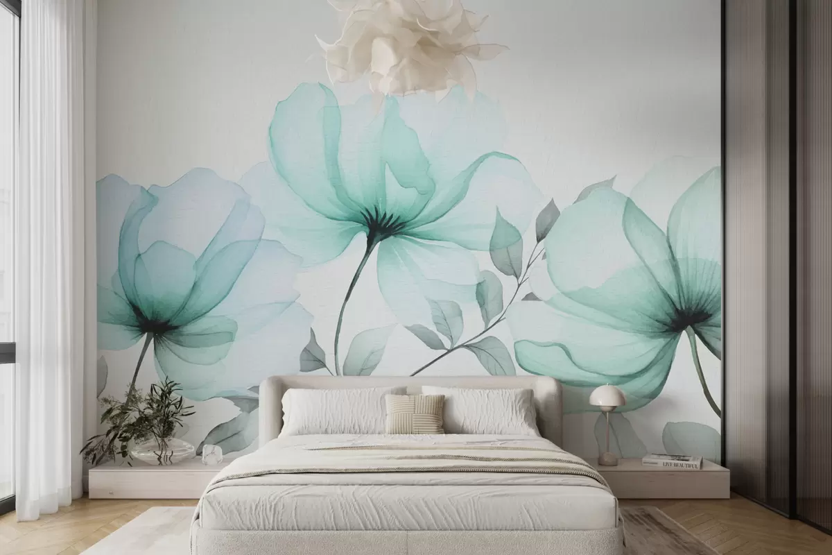murales de pared grandes flores azules de acuarela w07956v1