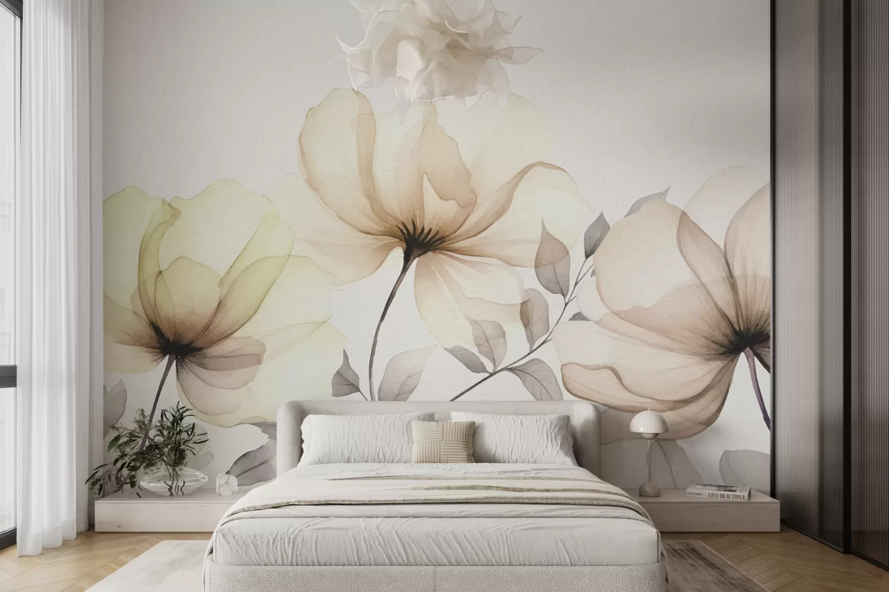 murales de pared flores grandes de acuarela beige w07956v2