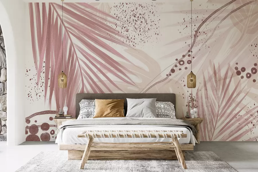 murales de pared Hojas y frondas de palmeras de color rosa tropical, con formas abstractas y salpicaduras en tonos de rosa y blanco w07918v1
