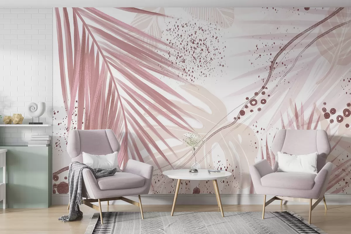 murales de pared Hojas y frondas de palmeras de color rosa tropical, con formas abstractas y salpicaduras en tonos de rosa y blanco. w07918v1