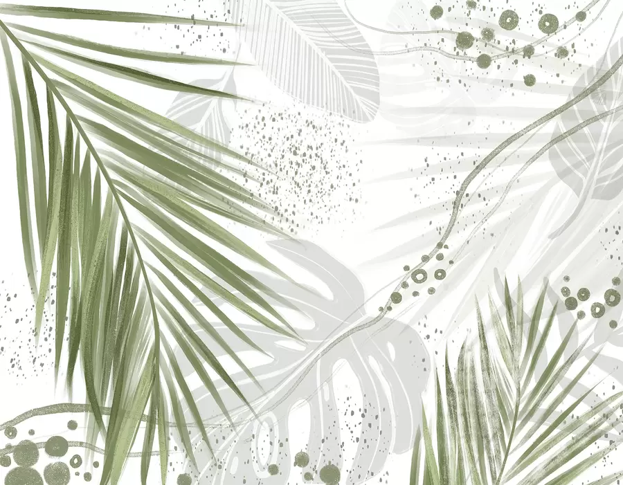 murales de pared Hojas y frondas de palmeras verdes tropicales, con formas abstractas y salpicaduras en tonos verdes y blancos. w07918