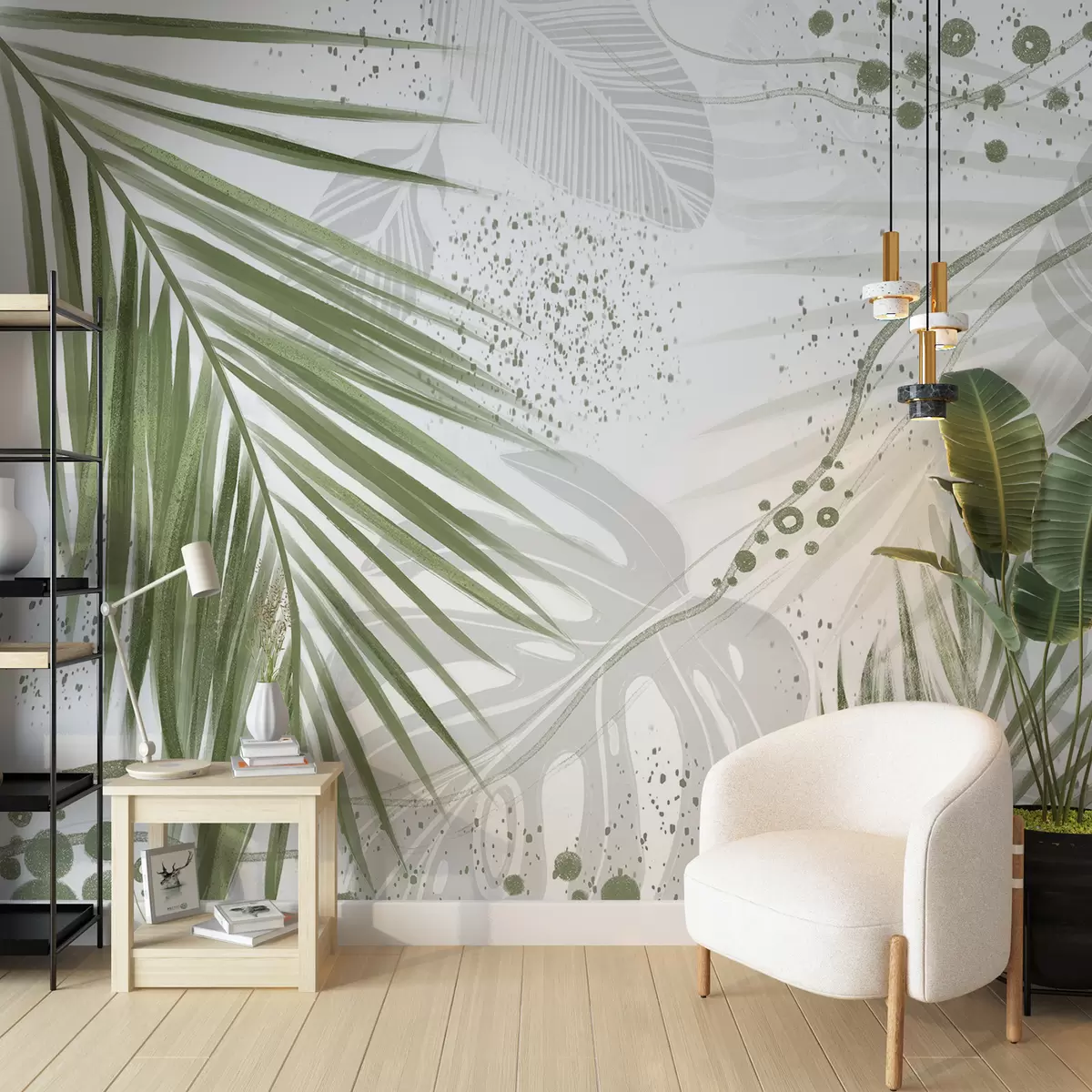 Murales de pared Hojas y frondas de palmeras verdes tropicales, con formas abstractas y salpicaduras en tonos verdes y blancos. w07918 murales de pared Hojas y frondas de palmeras verdes tropicales, con formas abstractas y salpicaduras en tonos verdes y blancos. w07918