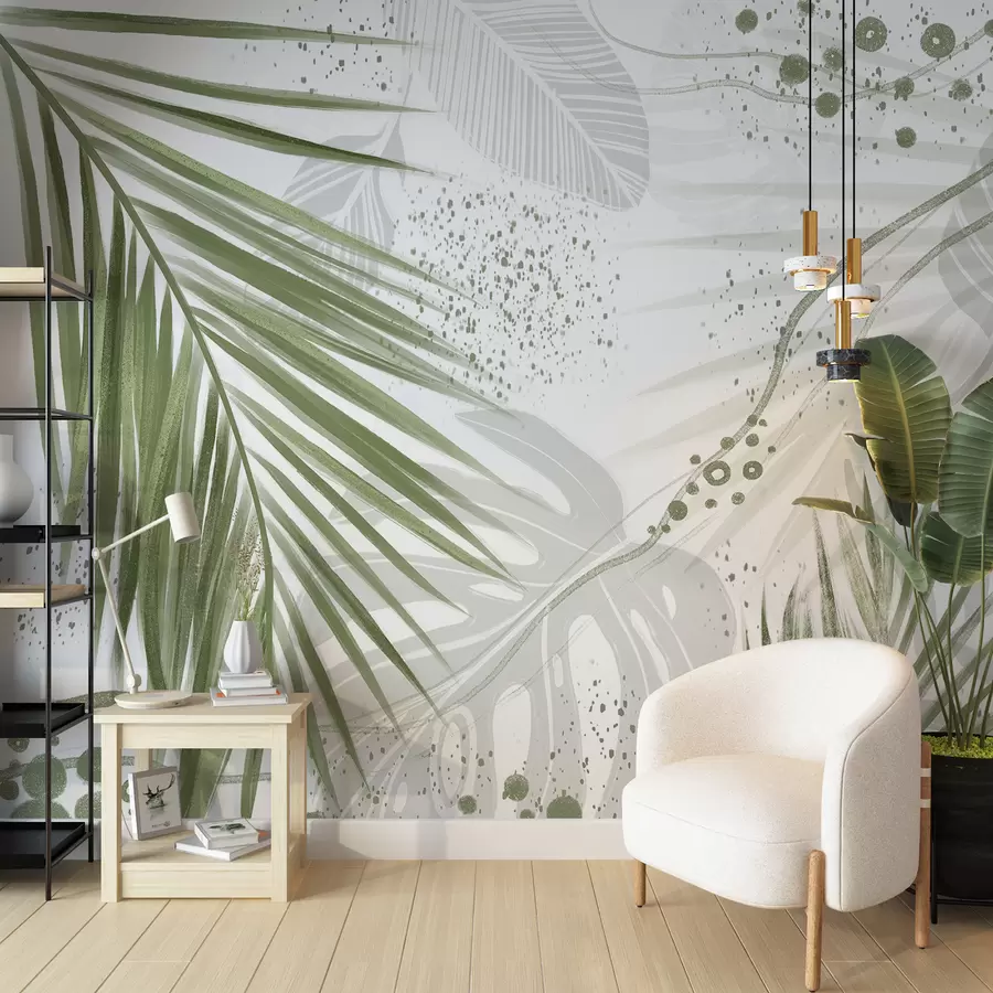 Murales de pared Hojas y frondas de palmeras verdes tropicales, con formas abstractas y salpicaduras en tonos verdes y blancos. w07918 murales de pared Hojas y frondas de palmeras verdes tropicales, con formas abstractas y salpicaduras en tonos verdes y blancos. w07918