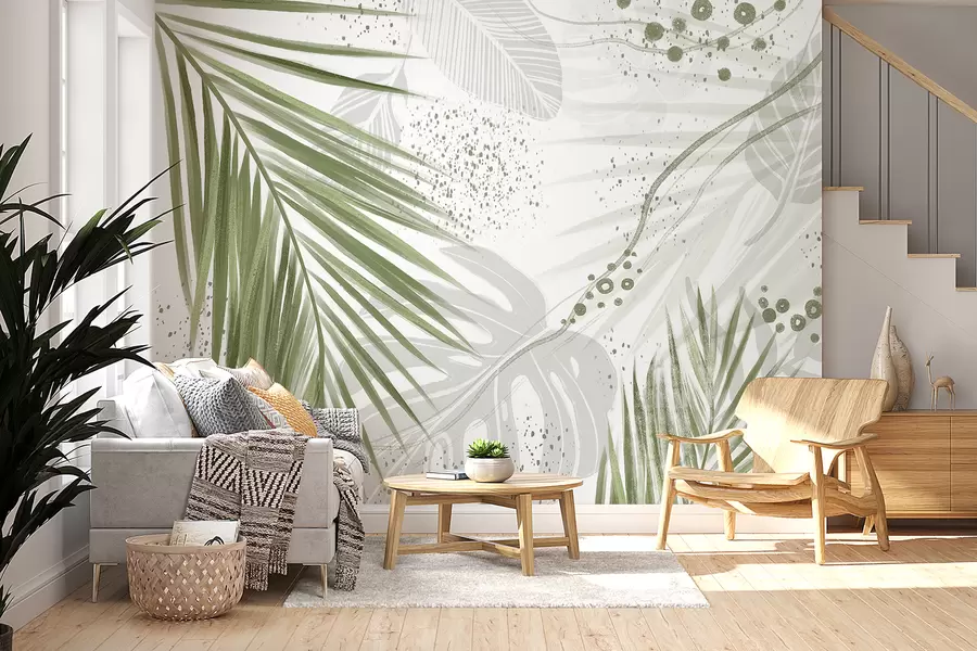 murales de pared Hojas y frondas de palmeras verdes tropicales, con formas abstractas y salpicaduras en tonos verdes y blancos w07918