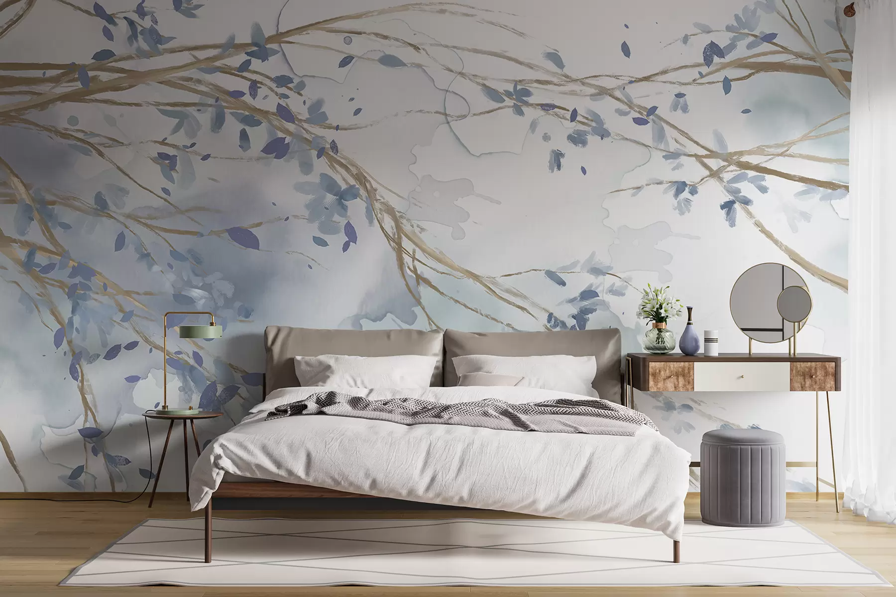 murales de pared Delicadas ramas florales azules y blancas con fondo de acuarela suave y borroso w07919